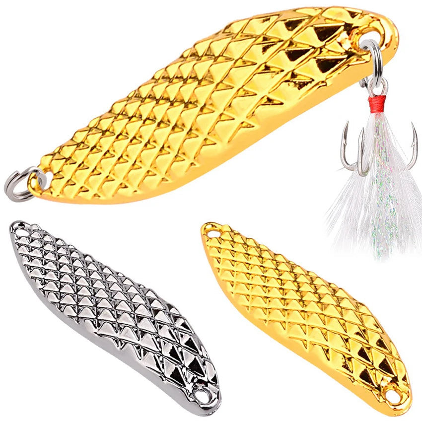 Gold and silver metal spinner spoon lures with feathered hooks