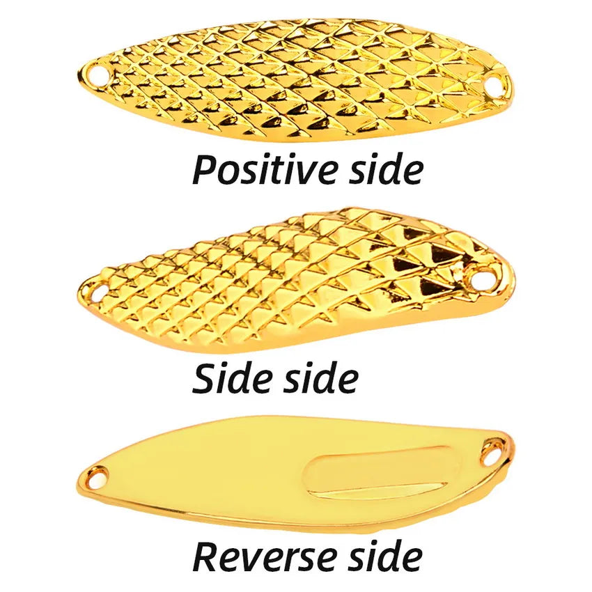 Metal spinner spoon showing positive side, side view, and reverse side