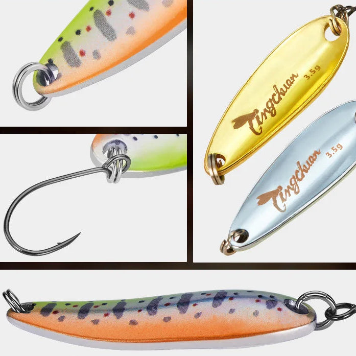 Metal spoon fishing lure shown with close-up hook and body views