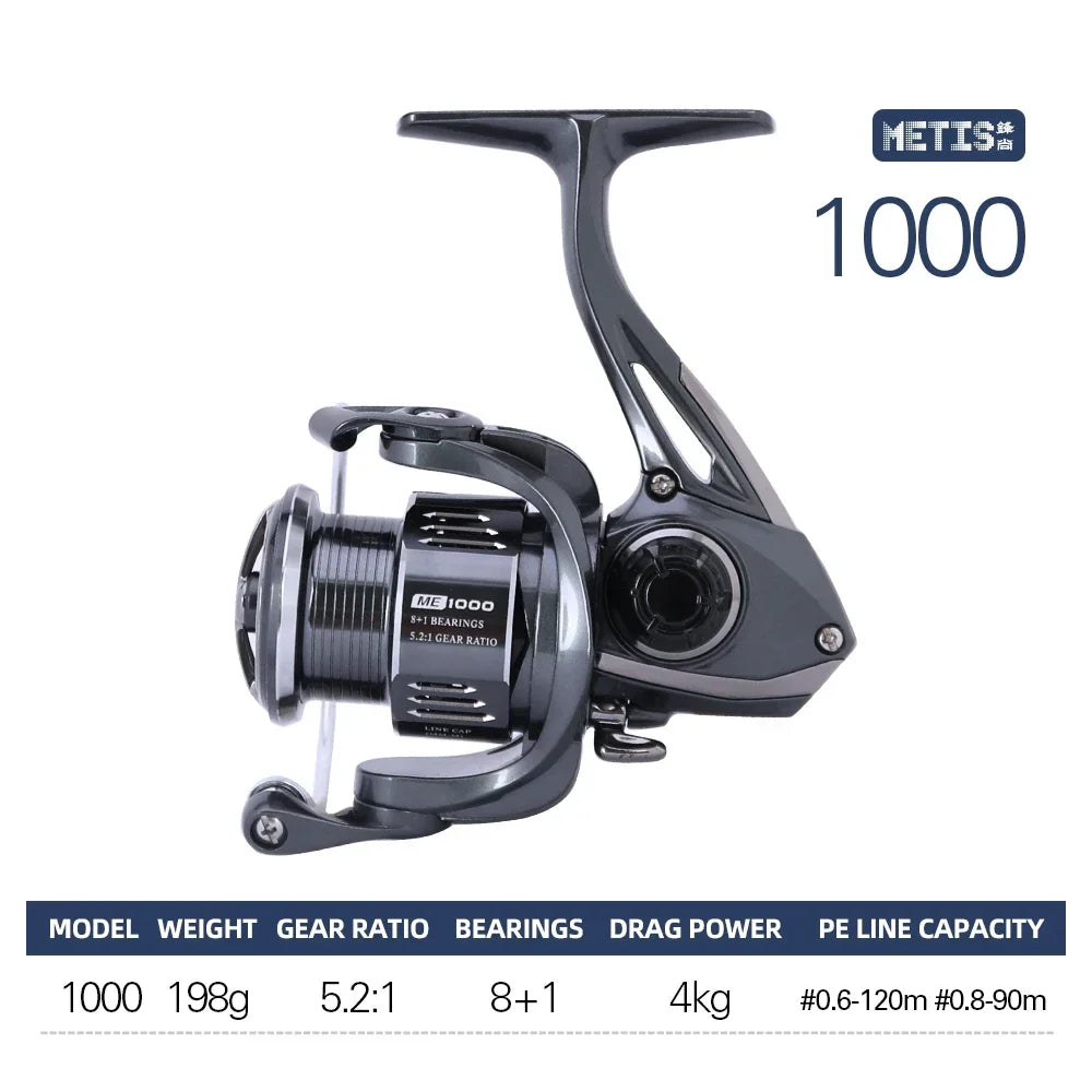 METIS 1000 model spinning reel specification chart showing weight, gear ratio, and line capacity