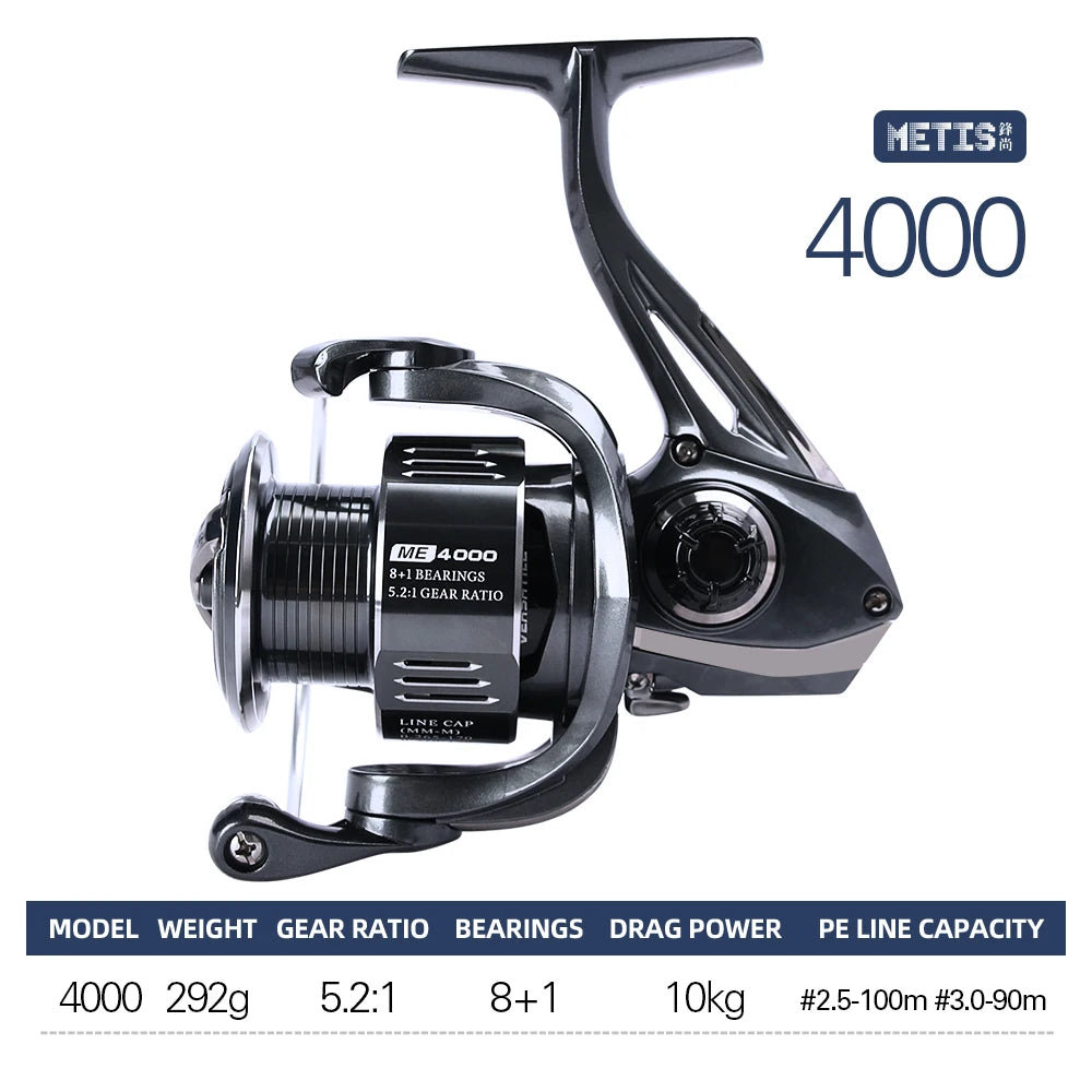 METIS 4000 model spinning reel specification chart with gear ratio, bearings, and weight data