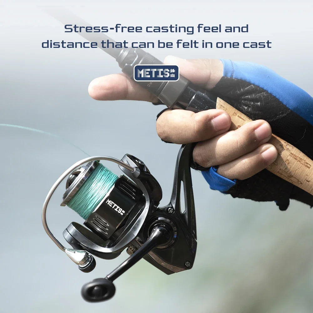 Angler holding METIS spinning reel showing compact aluminium body and precision drag during casting