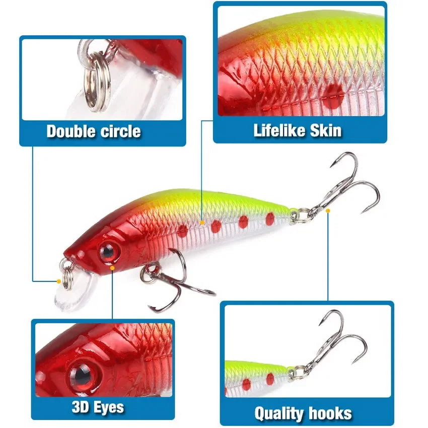 Minnow crankbait lure shown with skin, eyes, and hook details