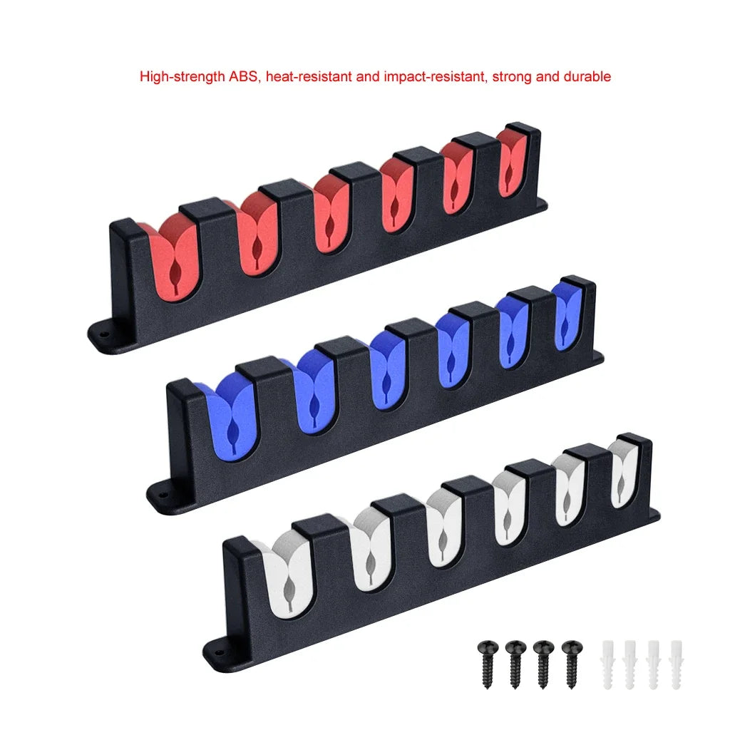 Modular fishing rod racks in red and blue designs with six cushioned EVA slots and mounting screws