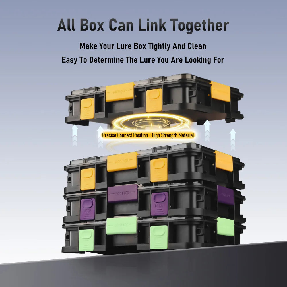 Modular lure storage boxes connected in stackable linked system