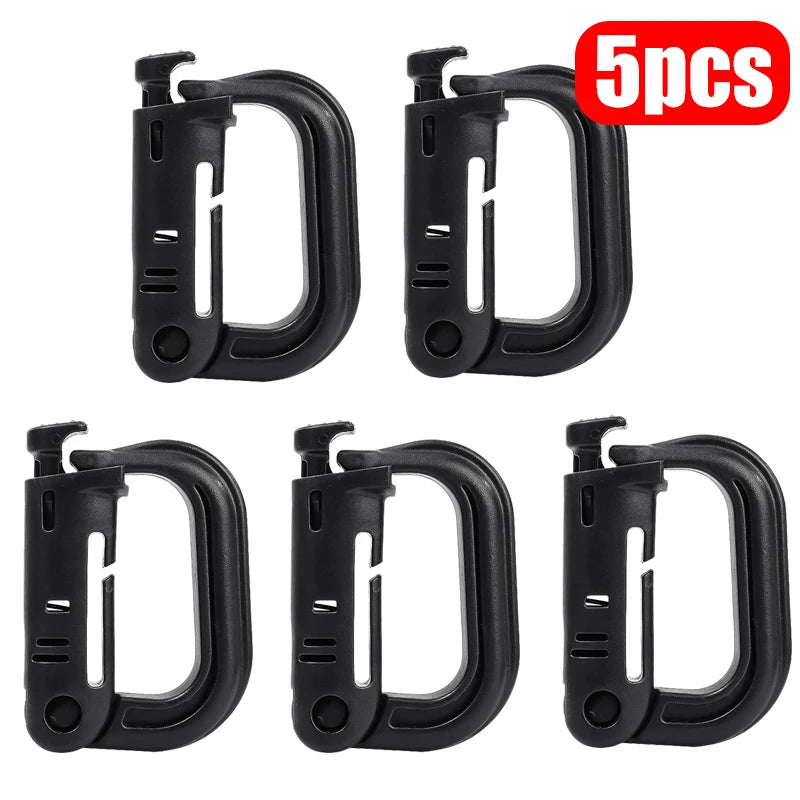 Five pack black MOLLE D-ring gear clips for outdoor gear