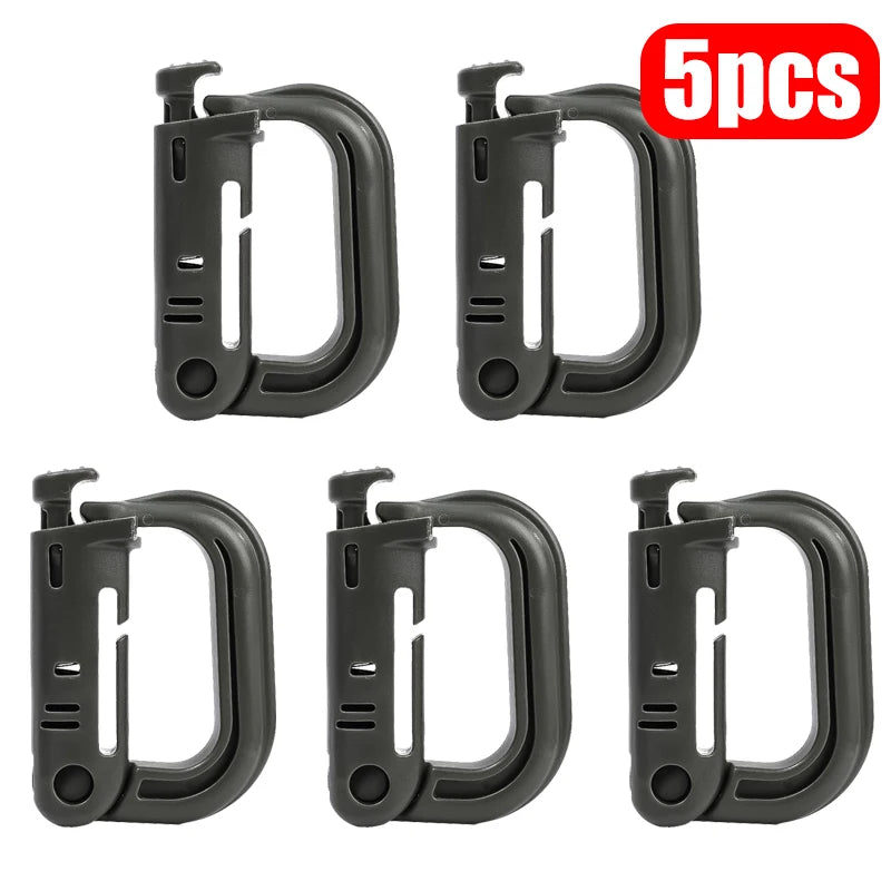 Five pack green MOLLE D-ring gear clips for outdoor gear