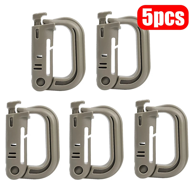 Five pack khaki MOLLE D-ring gear clips for outdoor gear