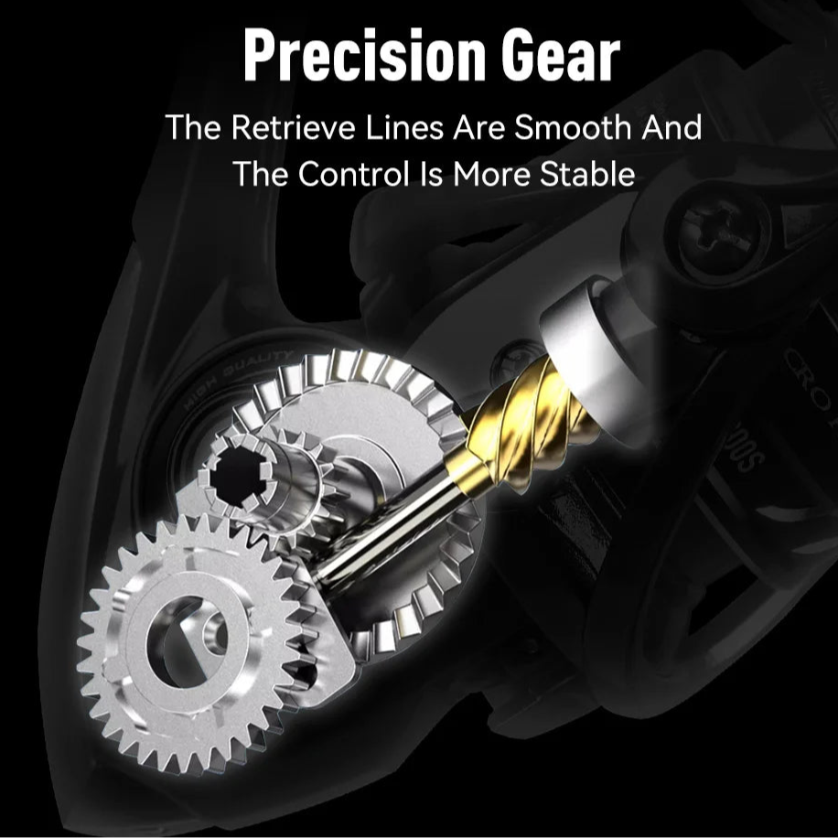 Internal precision gear diagram of the MT Pro reel highlighting stainless drive gears and balanced line control for stable casting