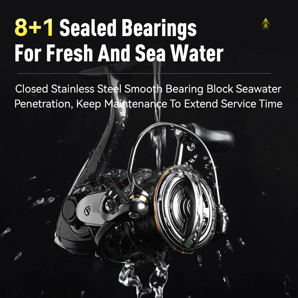 MT Pro spinning reel showing 8+1 sealed stainless bearings for smooth retrieval and extended corrosion resistance in sea or freshwater
