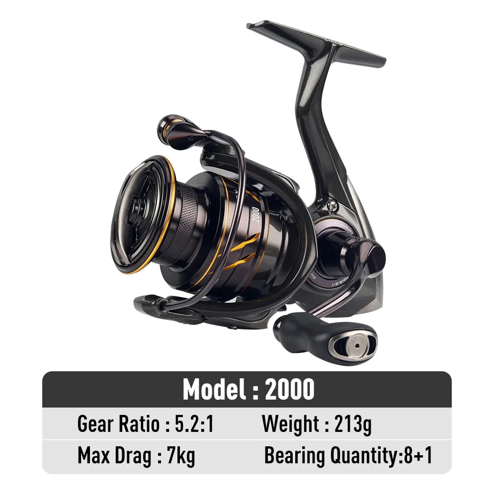 MT Pro 2000 spinning reel featuring 7kg max drag, durable body design, and balanced aluminium spool for versatility