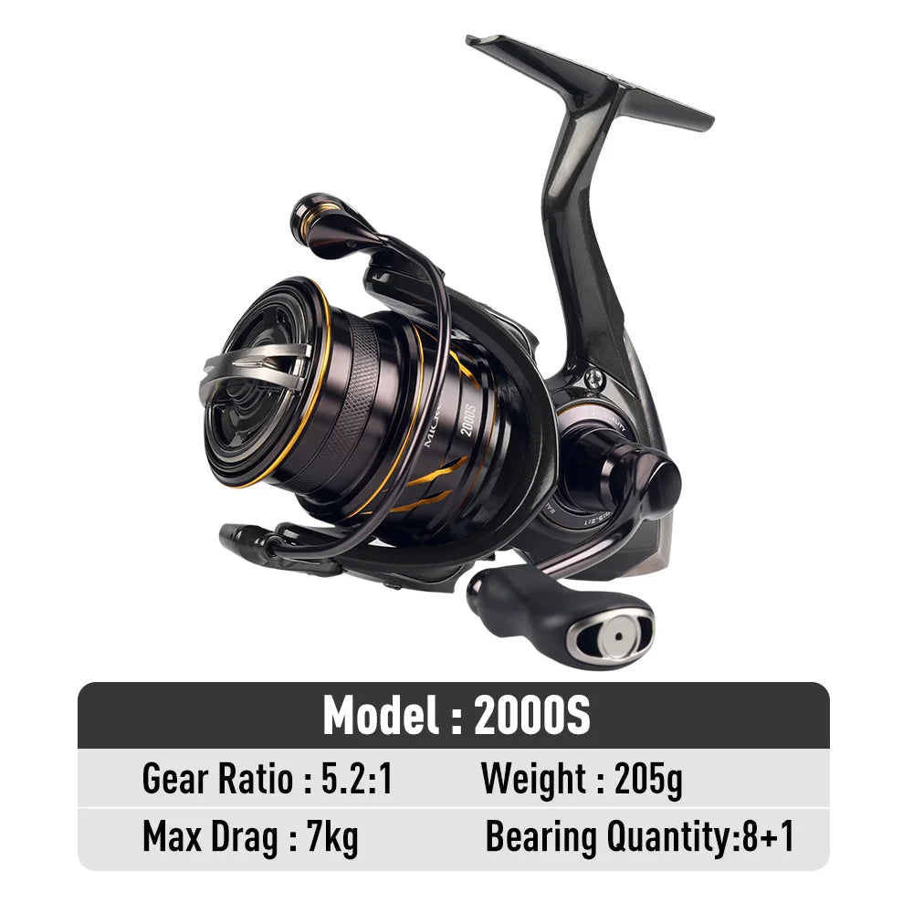 MT Pro 2000S spinning reel with high-torque handle and smooth retrieve, engineered for rock, lake, and boat fishing