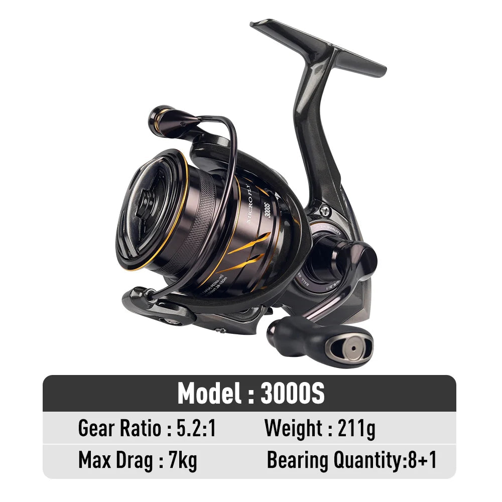 MT Pro 3000S spinning reel with 5.2:1 gear ratio and 7 kg drag, lightweight 211 g design ideal for saltwater or freshwater finesse fishing