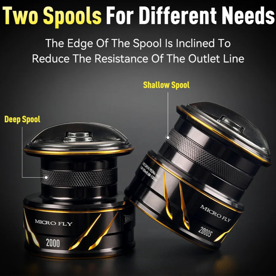 Two spool options for the MT Pro spinning reel, designed to reduce line resistance and match different fishing setups and conditions