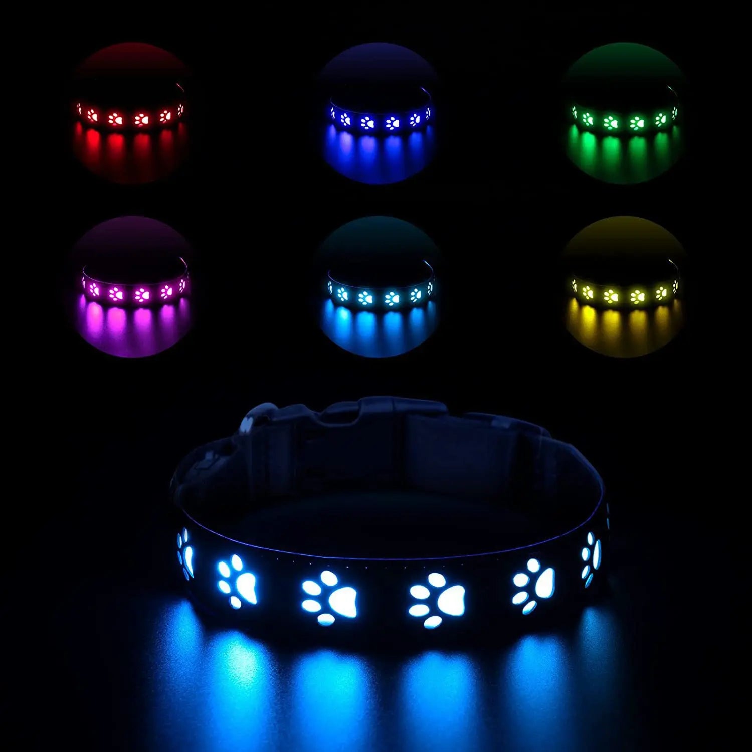 LED dog collar with glowing paw print design
