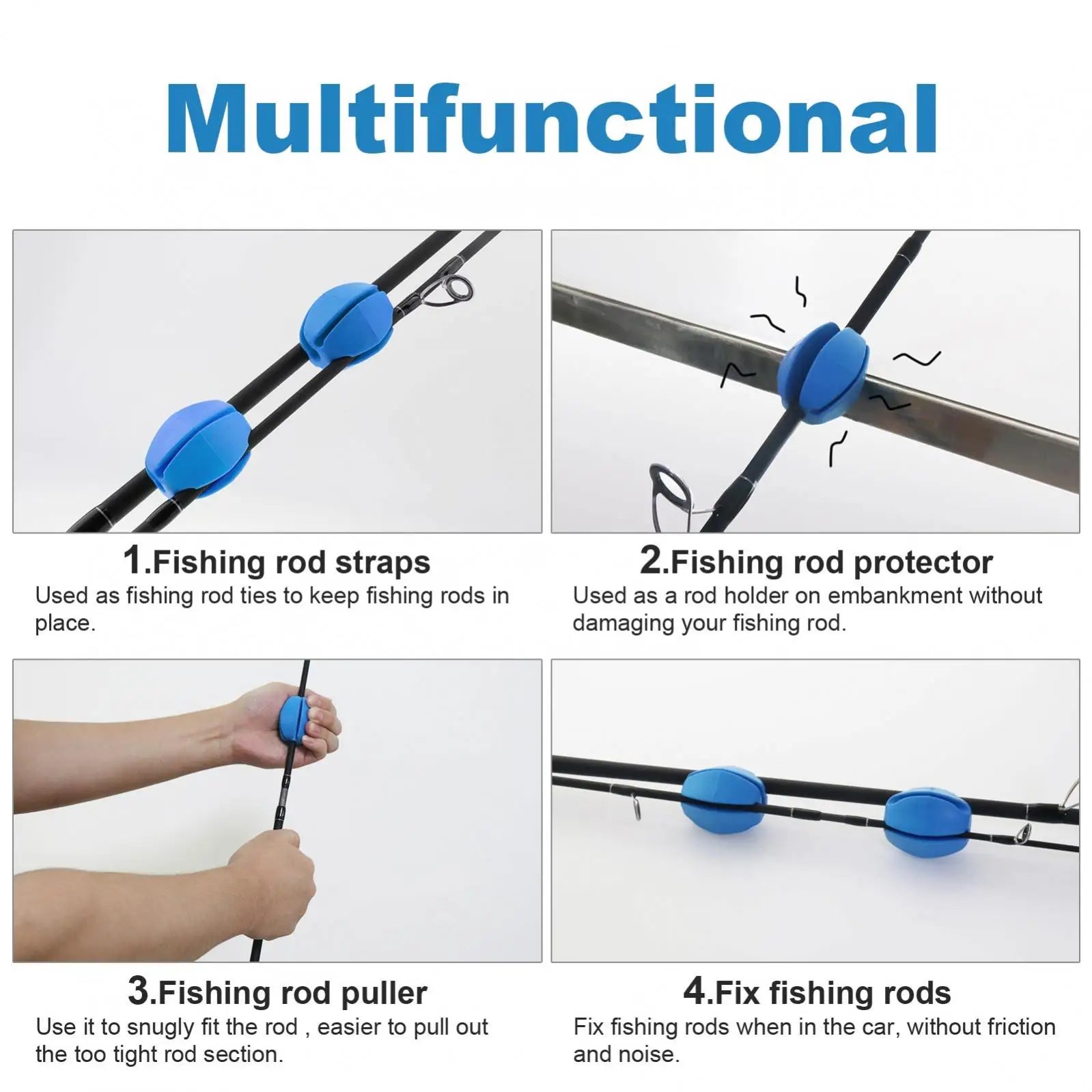 Instruction image showing multiple fishing applications of silicone rod clips and O-shaped rings