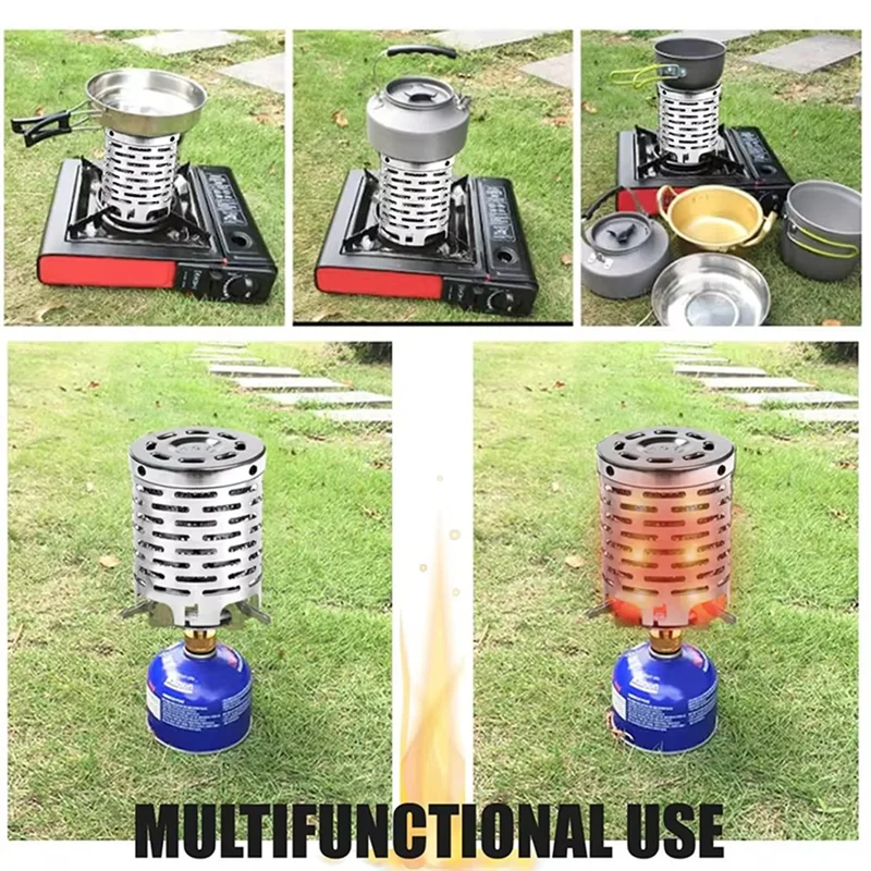 Examples of multifunction portable gas heater cover used with different camping stoves on grass