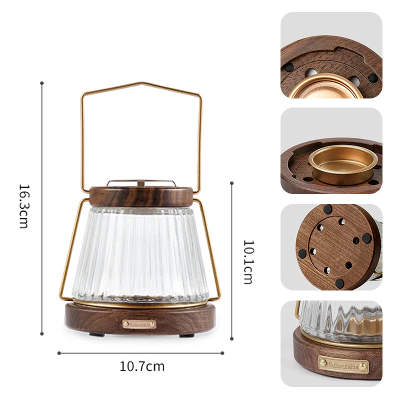 NATUREHIKE candle lantern with size diagram and close-up of walnut base, metal frame, and removable glass housing