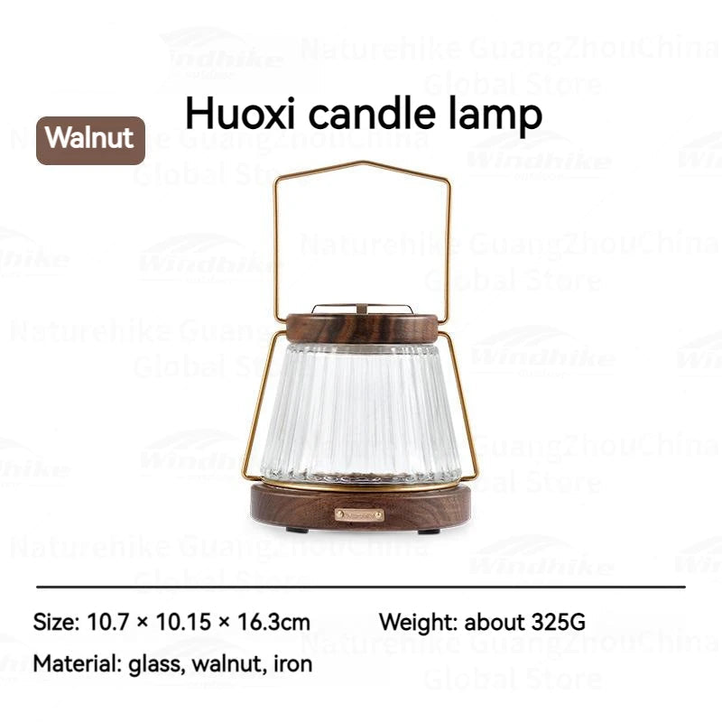 NATUREHIKE Huoxi candle lamp specification card showing size, material details, and walnut glass design