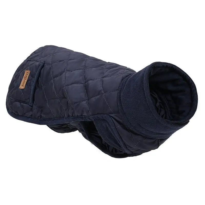 Navy padded dachshund coat laid flat