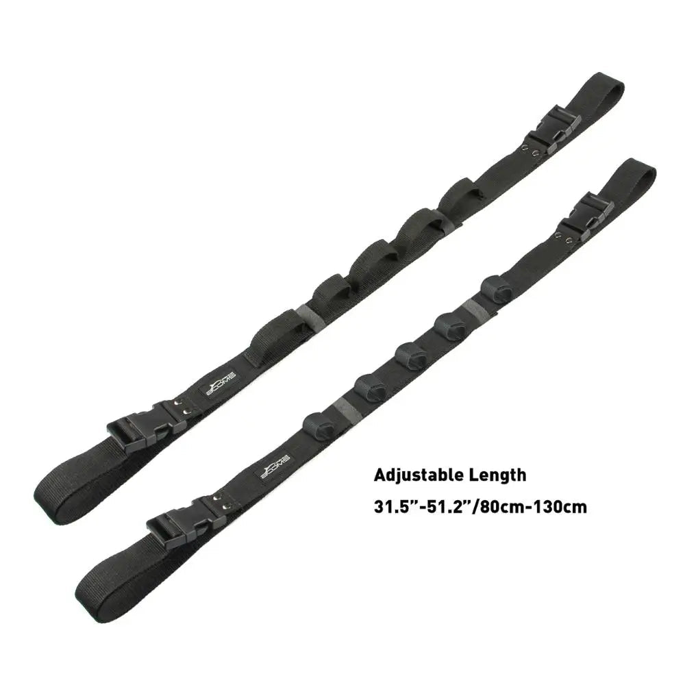 Adjustable nylon fishing rod holder strap showing extended length range from 80 cm to 130 cm