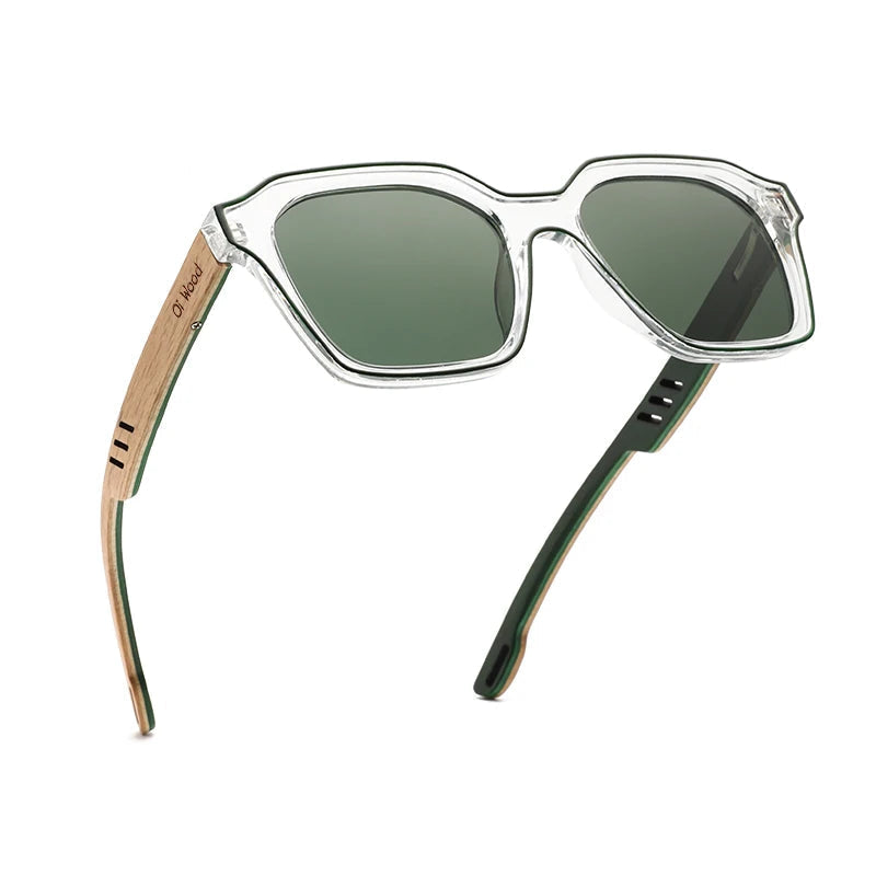 OI WOOD green mirrored polarised sunglasses with light wood-grain arms and UV400 lenses
