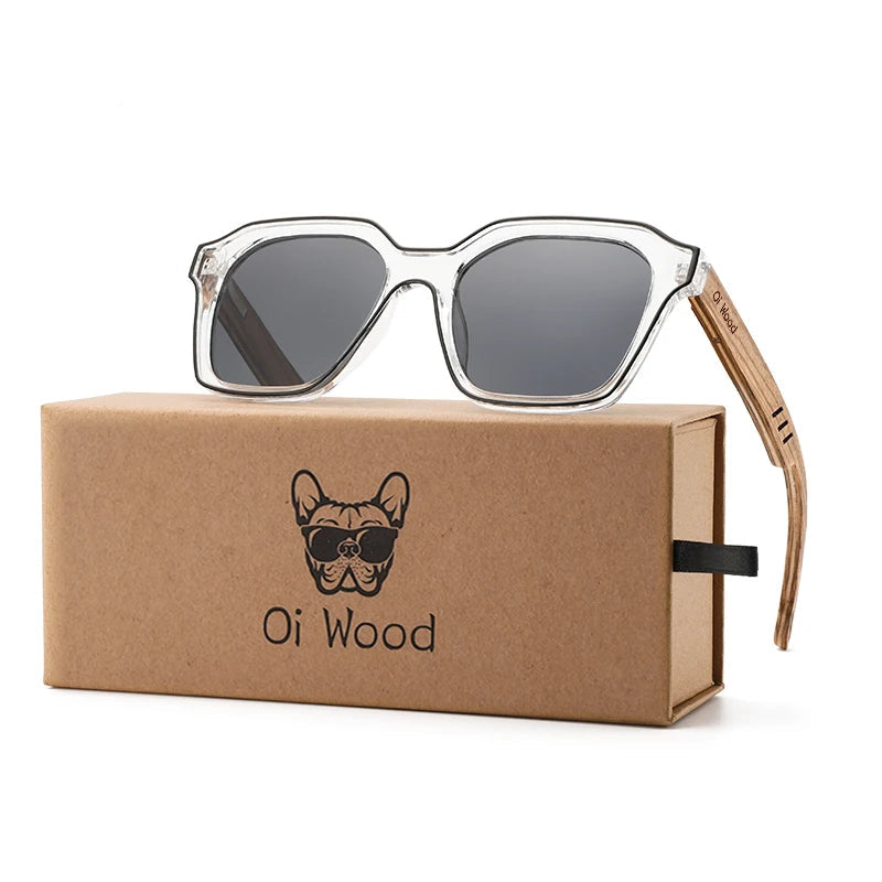 OI WOOD clear frame sunglasses with grey mirrored polarised UV400 lenses and wood arms
