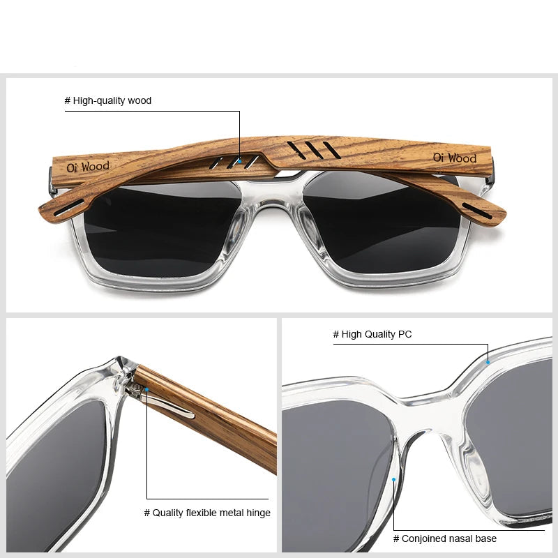 OI WOOD sunglasses showing close-up of wooden arms, frame detail, and lens design