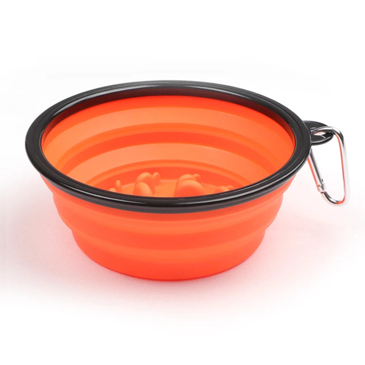 Orange collapsible slow feeder dog bowl with metal clip