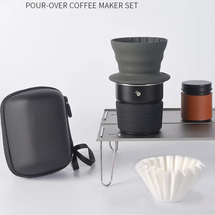Portable coffee set featuring reusable dripper, stainless steel cup, and filters for outdoor or camping use