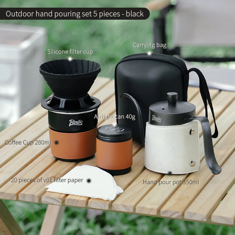 Black outdoor hand pour coffee set featuring kettle, dripper, and titanium travel mugs