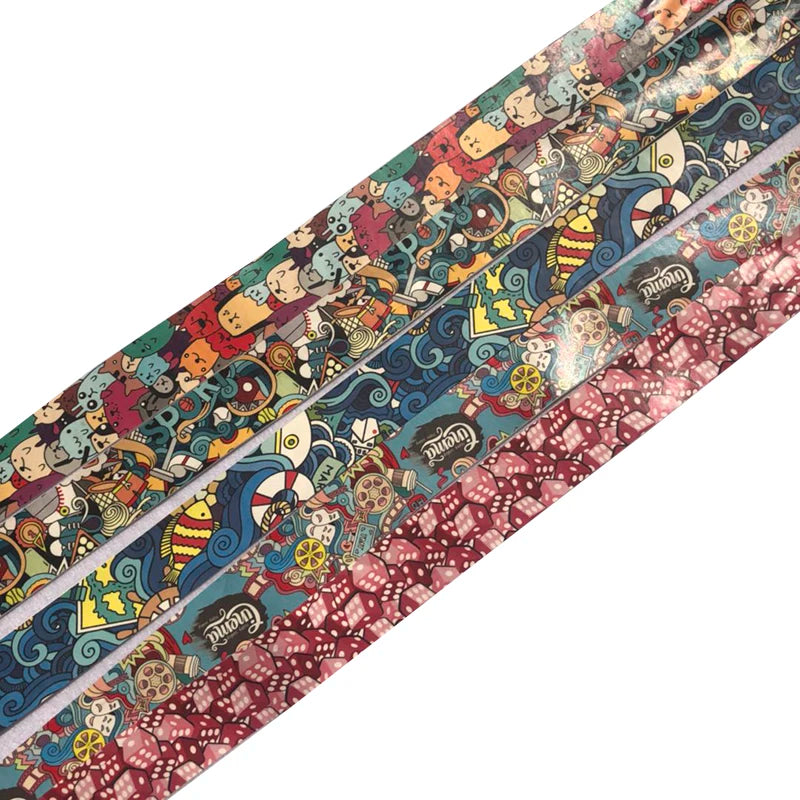 Close-up of patterned polyurethane grip tape with vibrant multi-colour printed surface