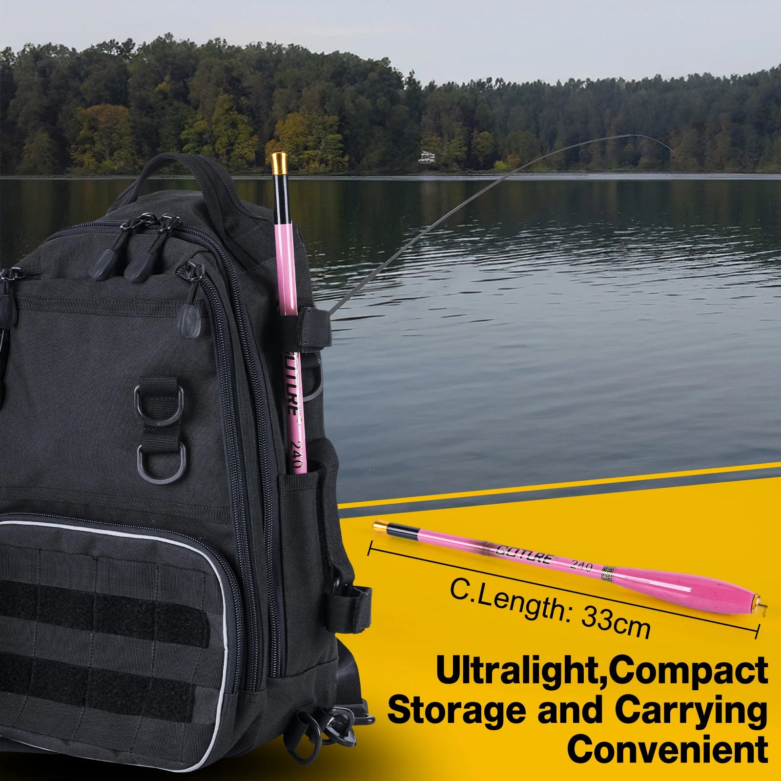 Compact pink telescopic fishing rod packed beside backpack near lake, showing easy portability