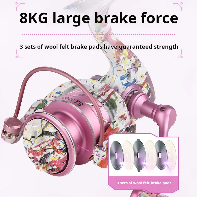 Close-up of pink TLA spinning reel with 8kg max drag and wool felt brake pads