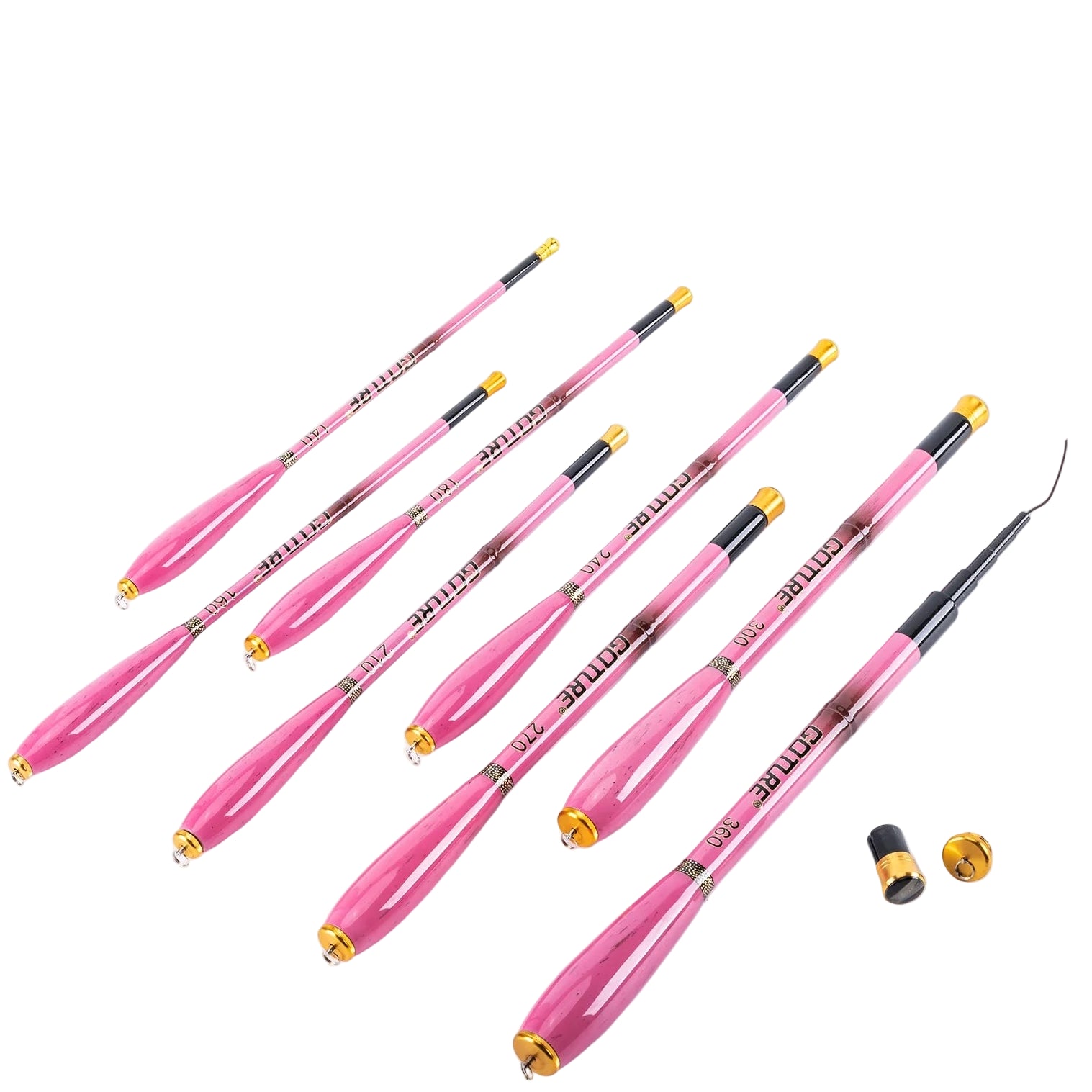 Set of GOTURE pink telescopic fishing rods displayed with aluminium caps on white background.