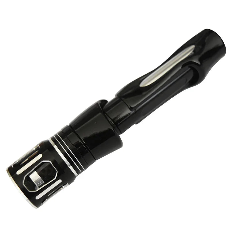 Black spinning rod reel seat with black trim for ergonomic and secure reel mounting