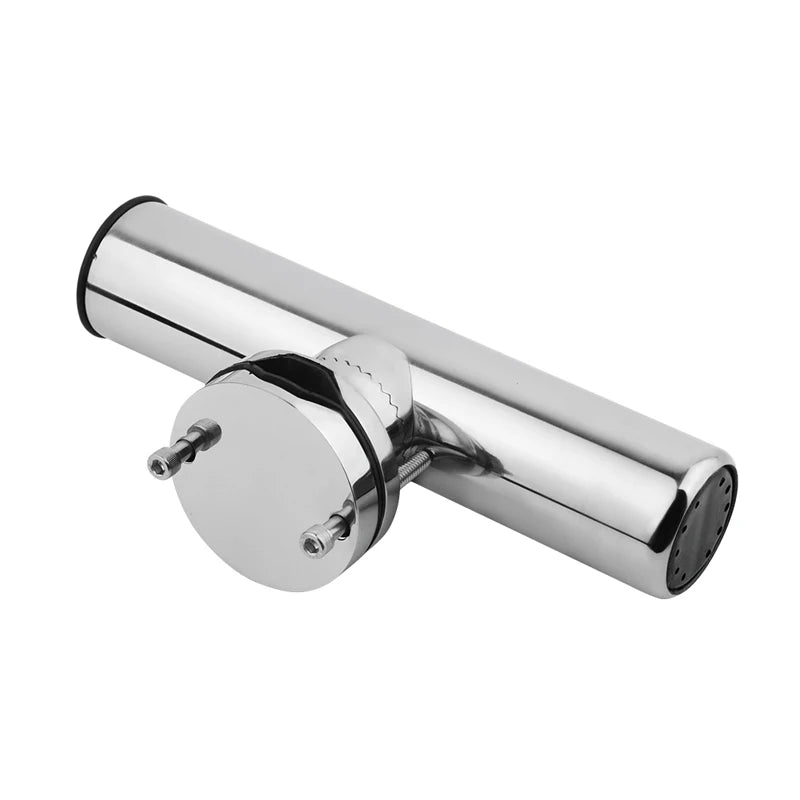 Front view of mirror-polished stainless steel rod holder with 360-degree rotation