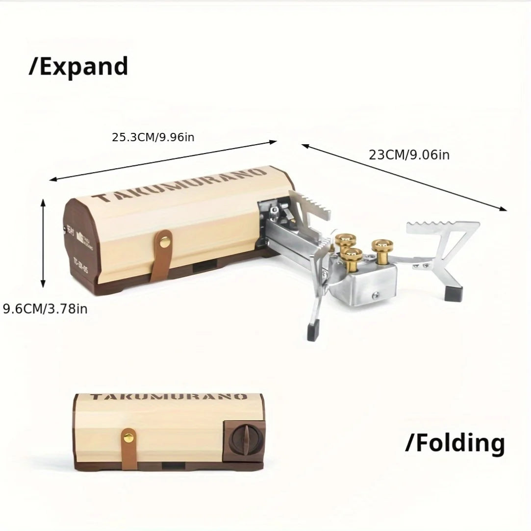 Diagram showing folding and expanded design of portable cassette gas stove with storage case