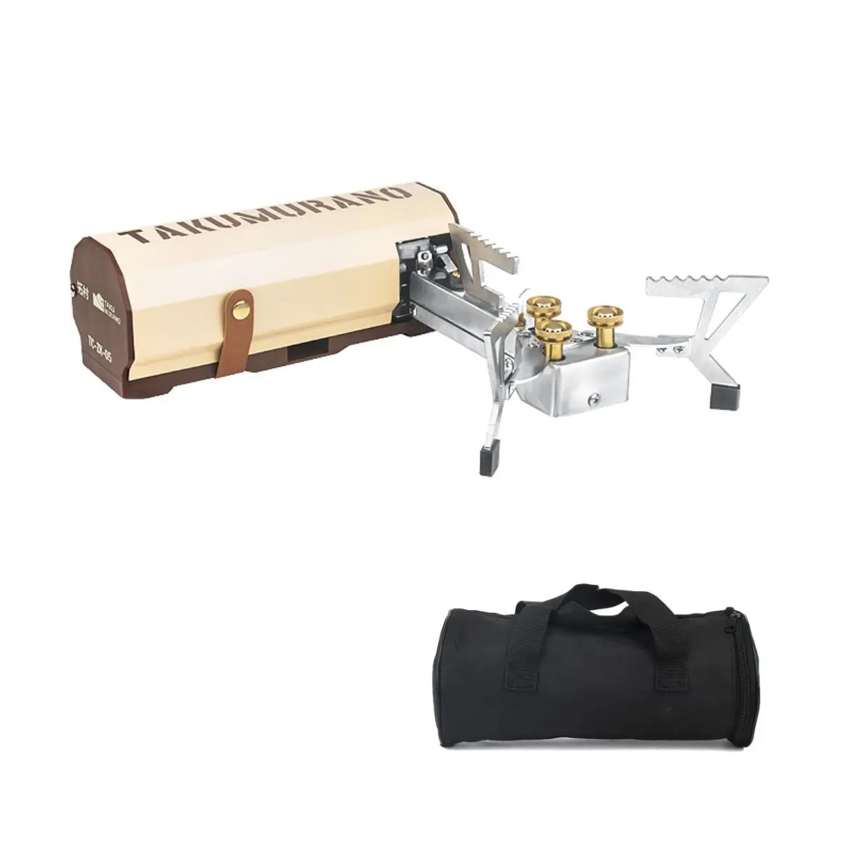 Portable cassette gas stove with included black storage bag for travel and outdoor camping cooking