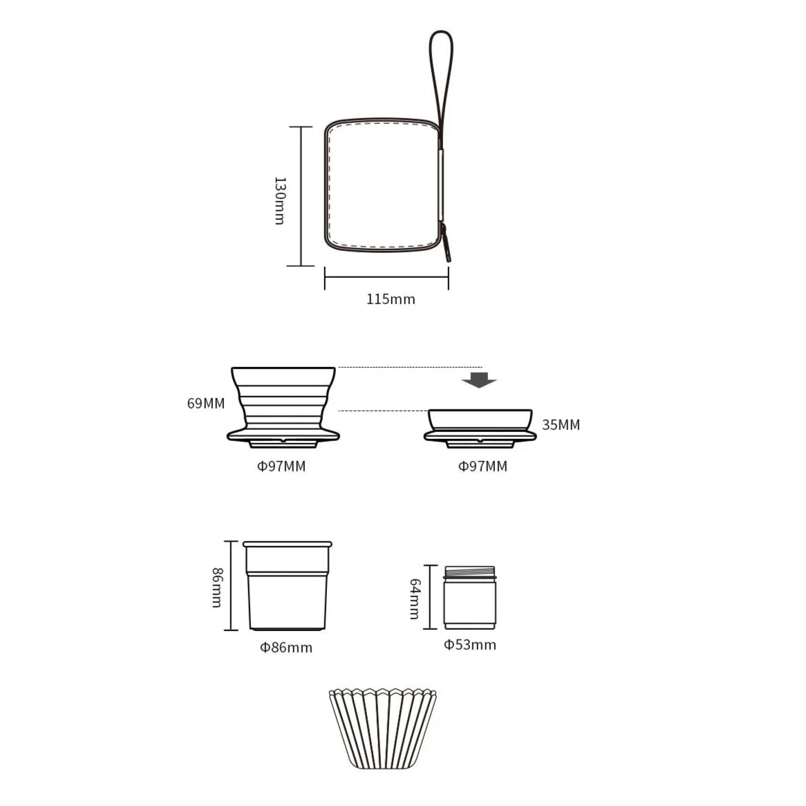 Technical diagram showing dimensions and parts of portable hand brew coffee set with silicone dripper