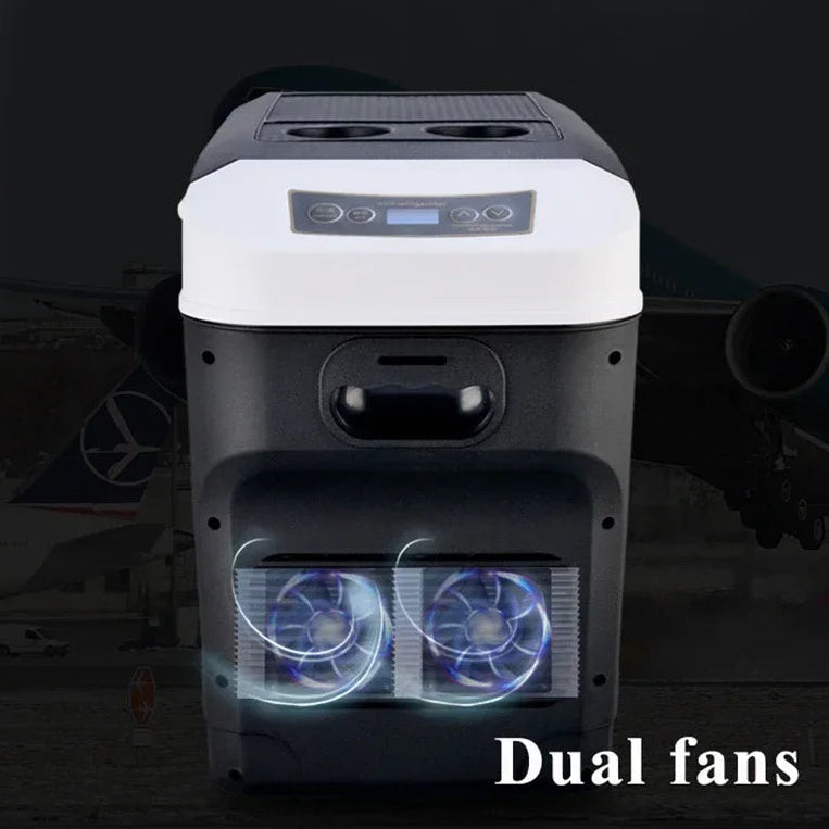 Rear of portable mini fridge showing dual cooling fans and control panel for efficient temperature control