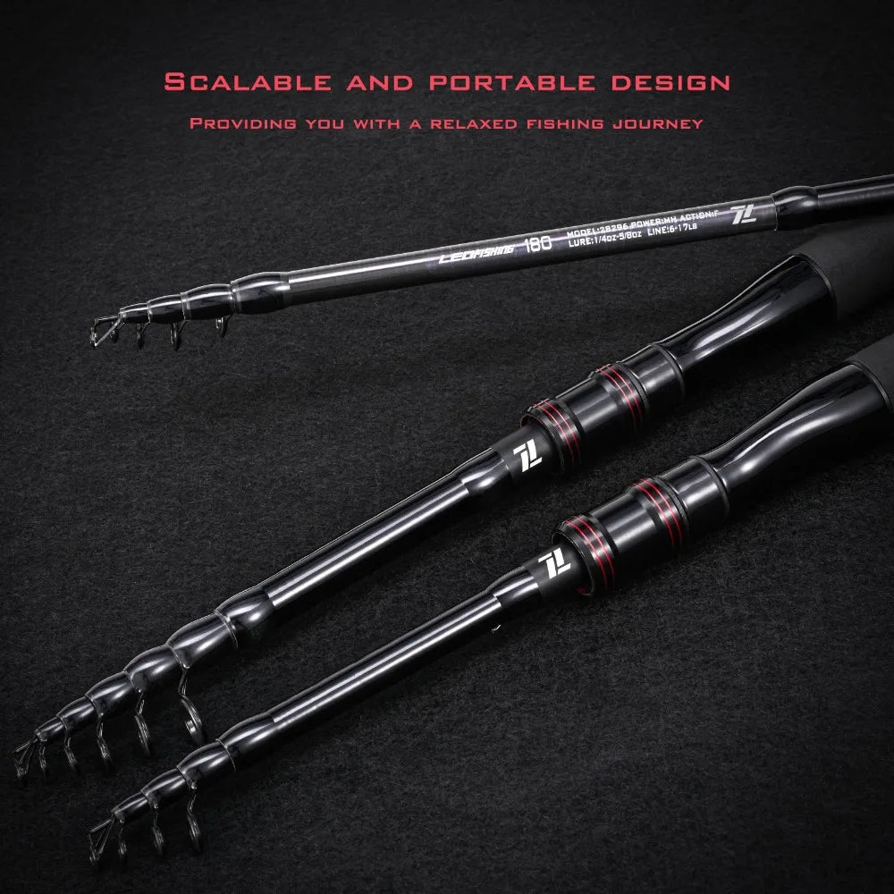 Close-up showing collapsible and portable telescopic fishing rod design