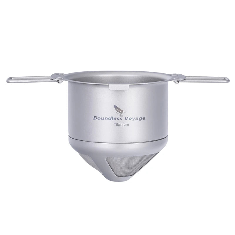 Side view of lightweight titanium coffee filter with folding handles and compact cone design