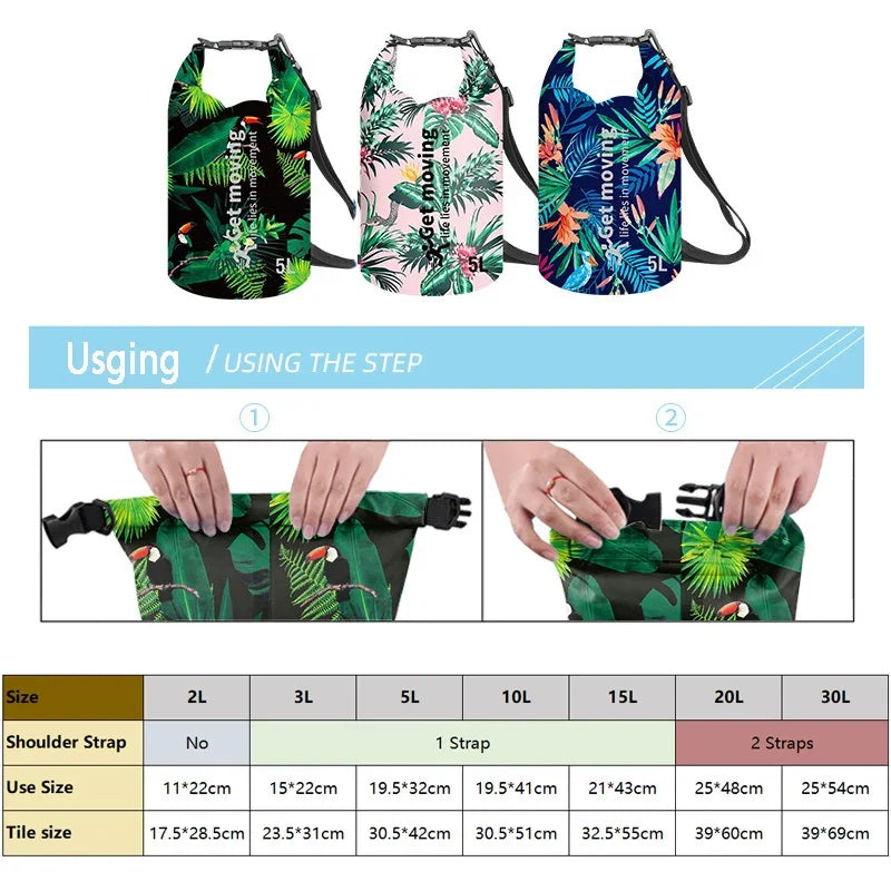 Printed waterproof dry bag size and usage guide