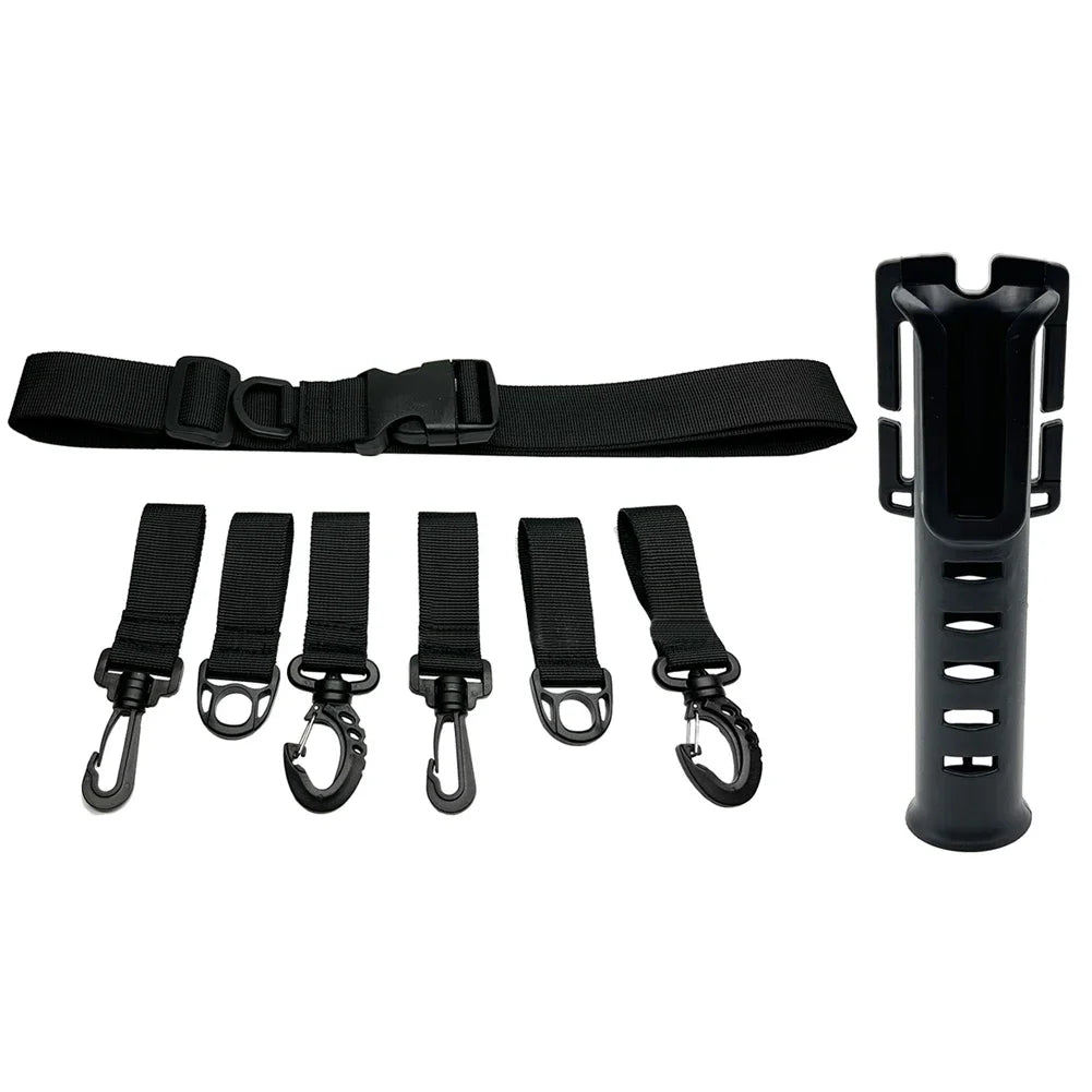Detail view of strong quick-lock buckle on black nylon fishing wader belt