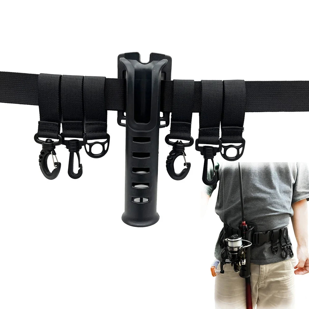 Black adjustable fishing wader belt with quick-lock buckle and multiple tool hooks