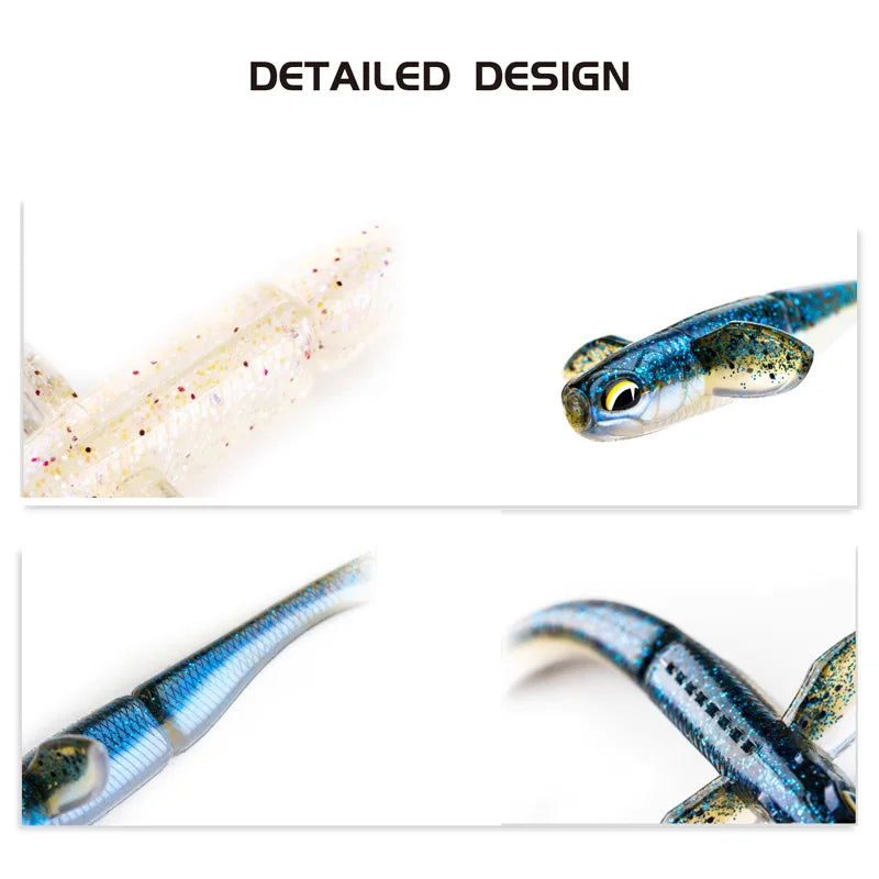 Detailed design of RAVENCRAFT Drunk Shad soft plastic lure with blue and silver finish for lure anglers