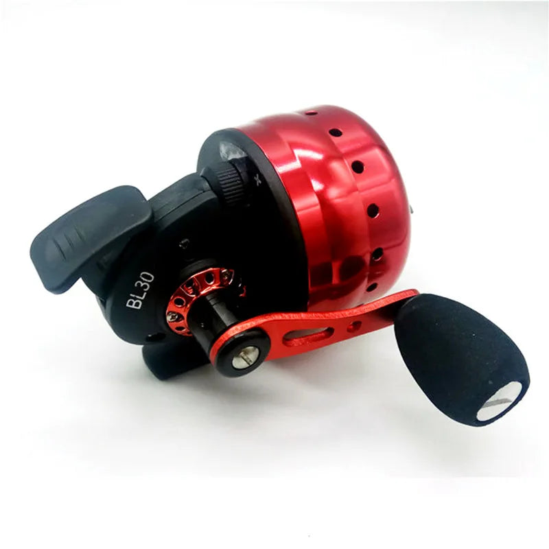 Red and black BL30 spincast reel with ergonomic EVA handle and compact nylon body designed for smooth lightweight casting