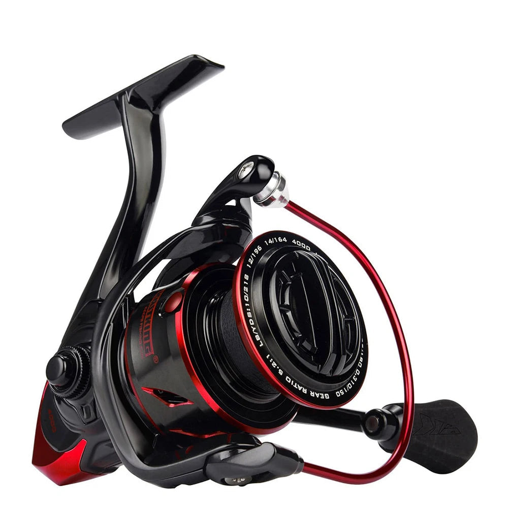 Red and black spinning reel with reinforced graphite frame, braid-ready CNC spool, and carbon fibre drag system