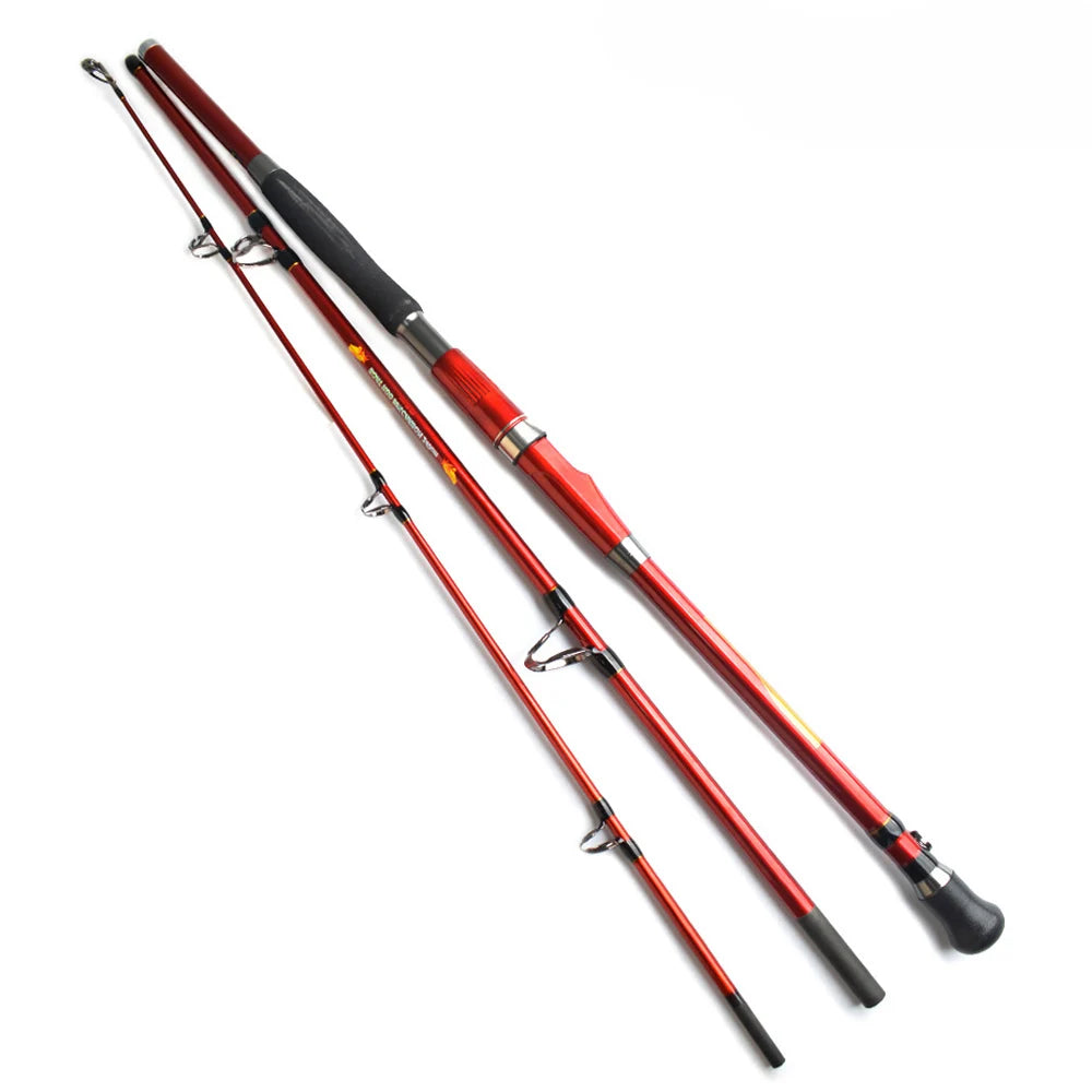 Three-section red carbon jigging rod showing full length and guide layout for saltwater fishing